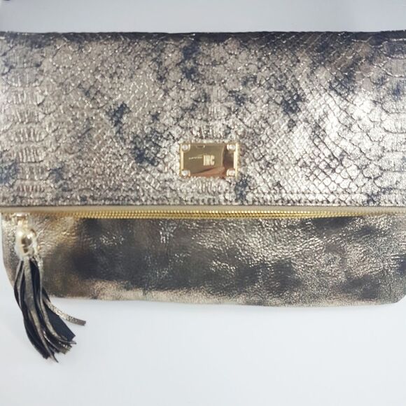 INC International Concepts Metallic Gold Bronze Black Frita Clutch Crossbody - Picture 15 of 16